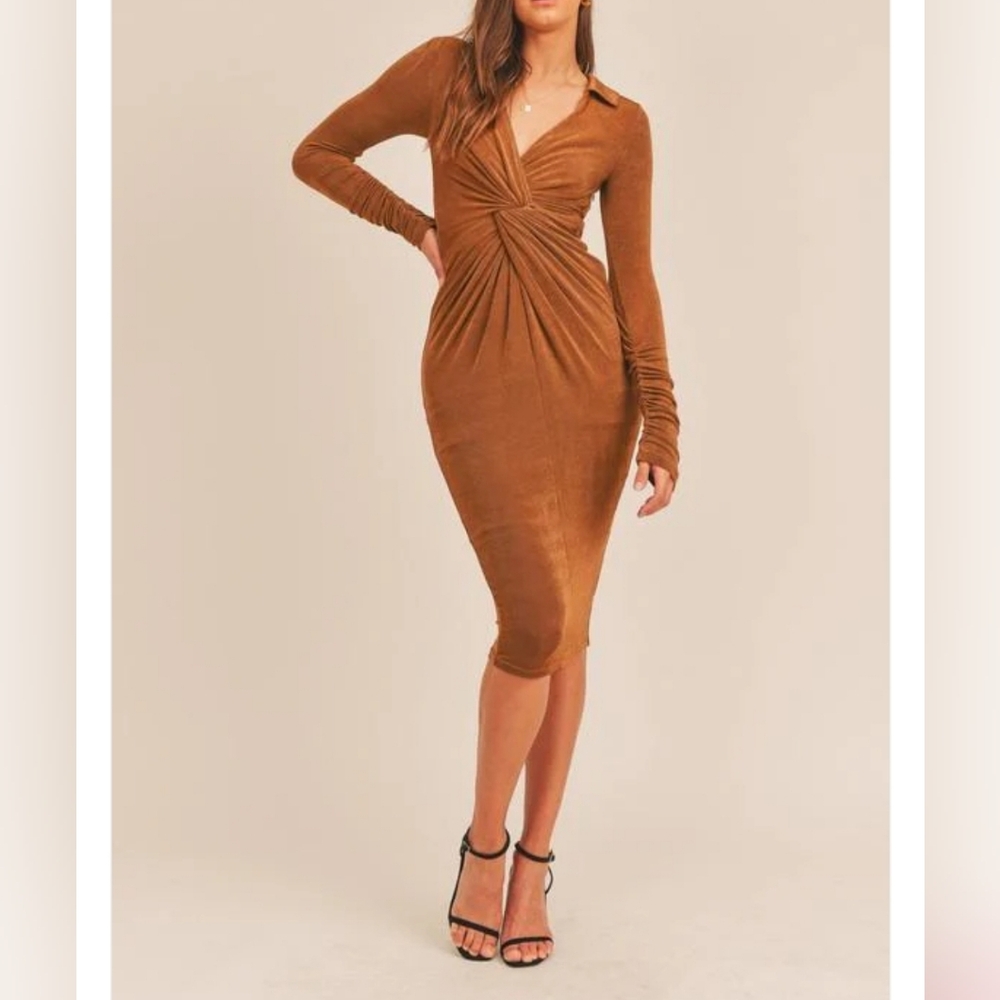 Twist-Front Midi Dress in Rust Brown